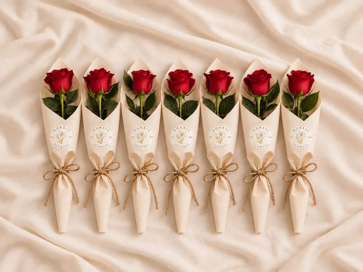 Seven wrapped roses presented together