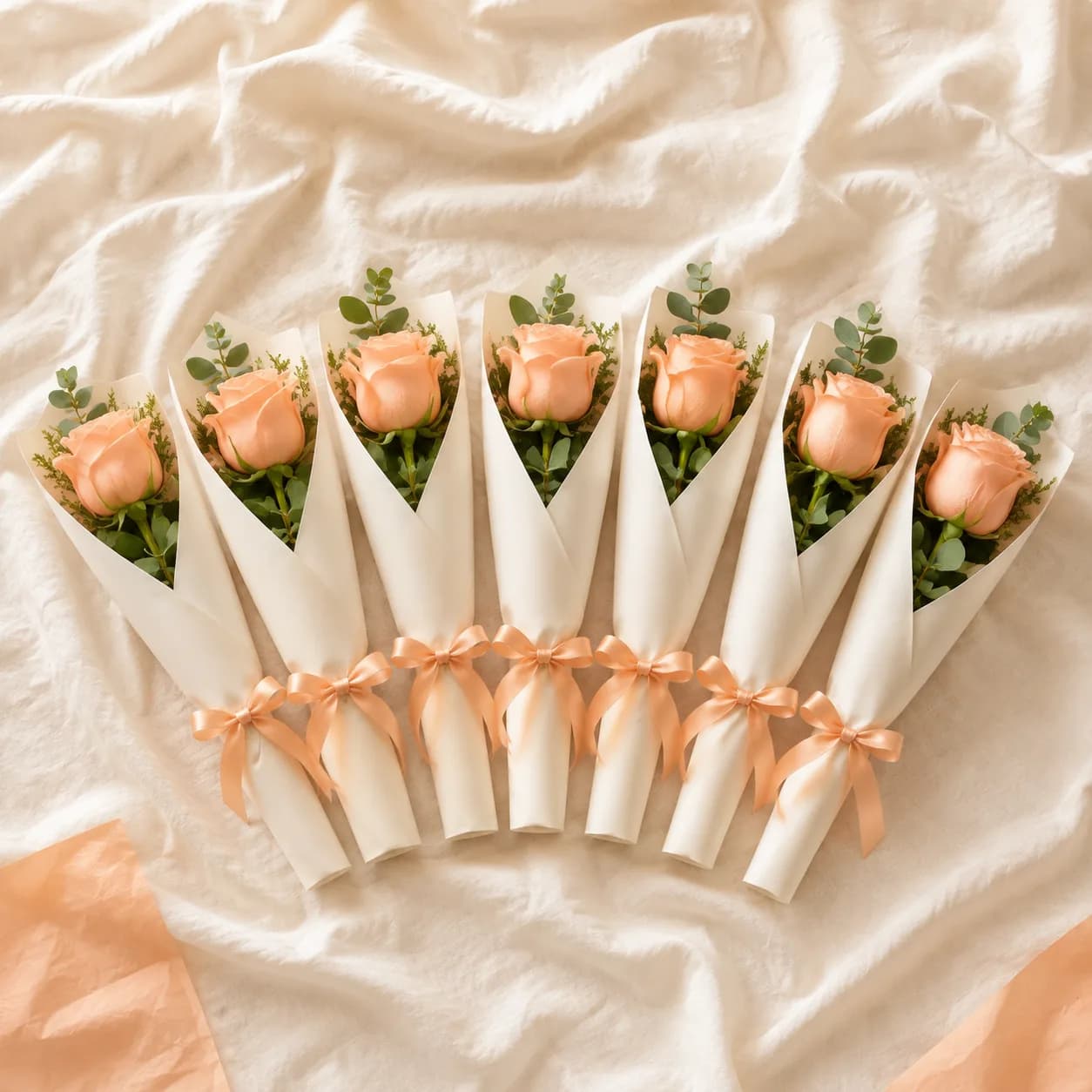 Seven wrapped roses presented together