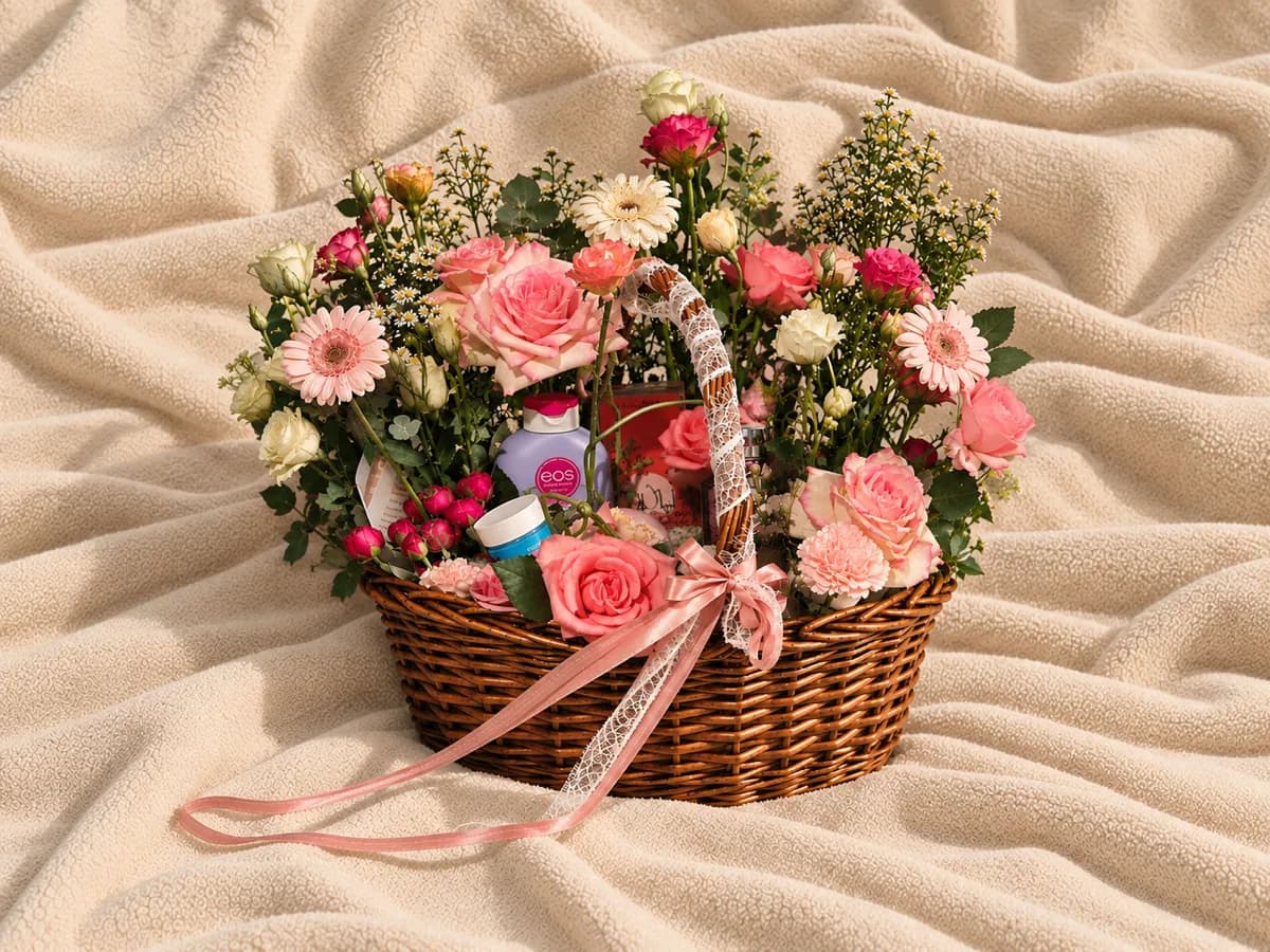 A large overflowing basket of roses, eustoma and gerbera daisies