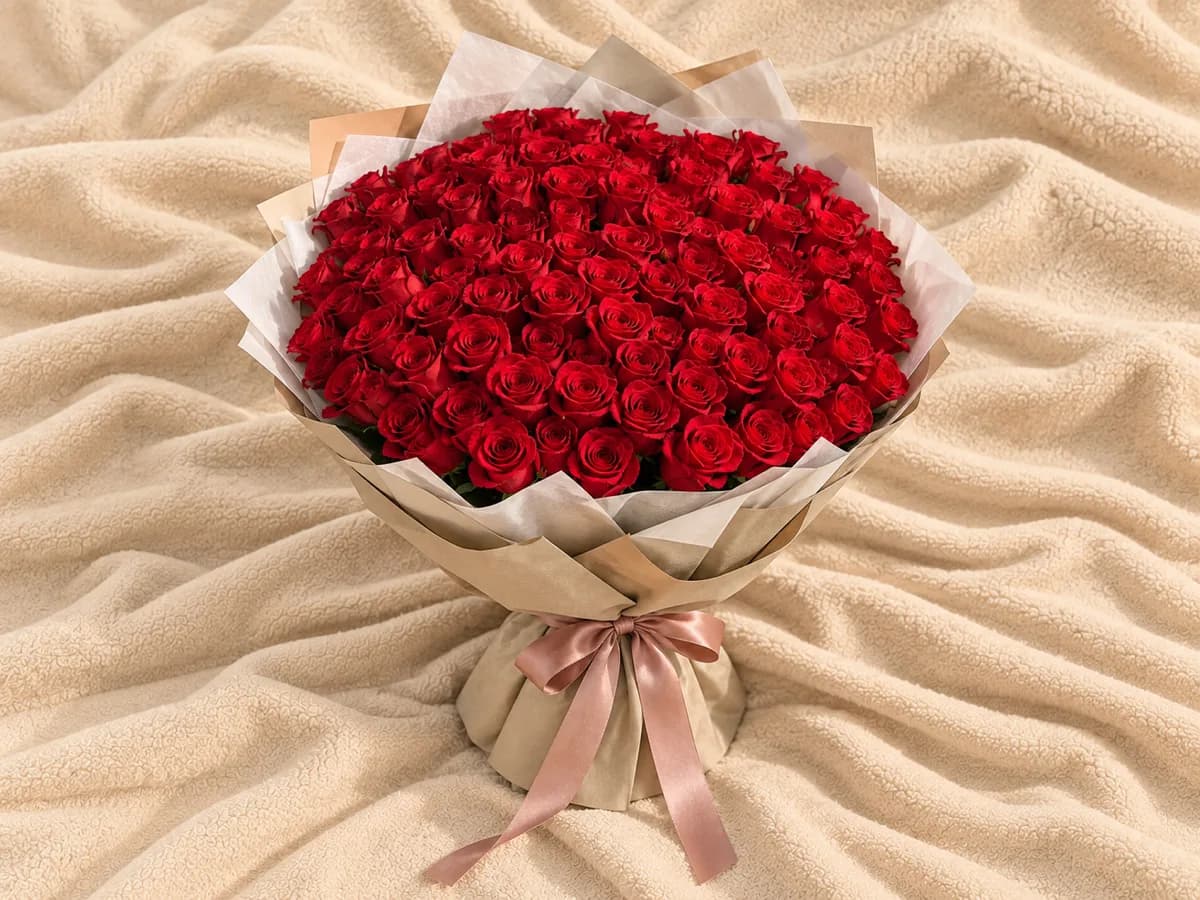 An enormous bouquet of one hundred red roses