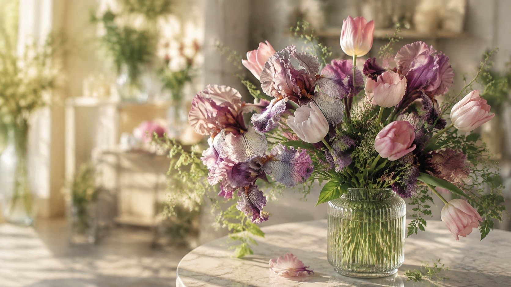 Irises and tulips in a ribbed glass vase on marble